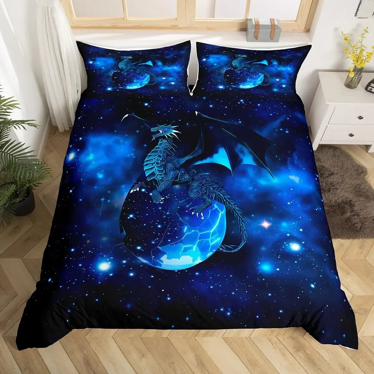 Magic Flying Dragon Duvet Cover Set Bright Colorful Fly Dragon Wildlife Kids Comforter Cover Outer Space Galaxy Men Bedding Set