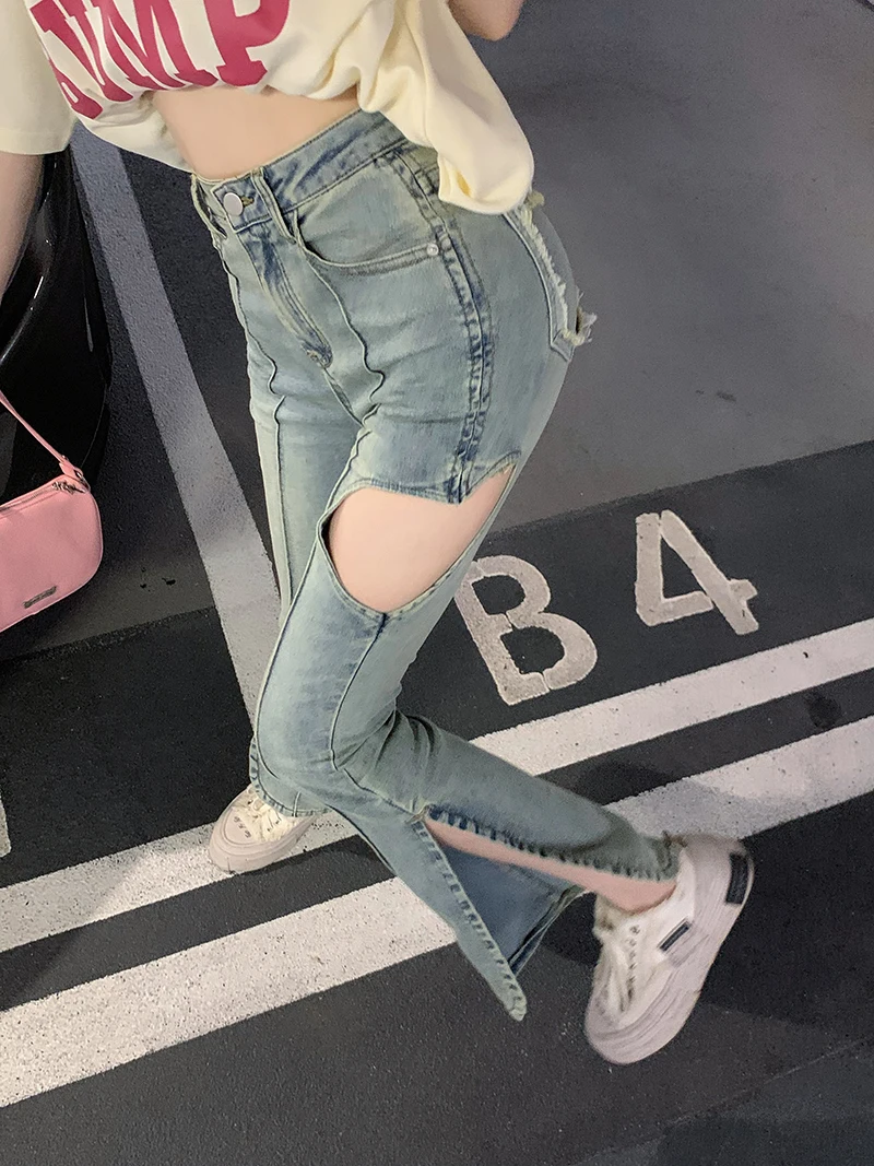 Hollowed Heart Shape Korean Fashion Girls Jeans Flare Hem Vintage Wash Fashion Lady Denim Pants