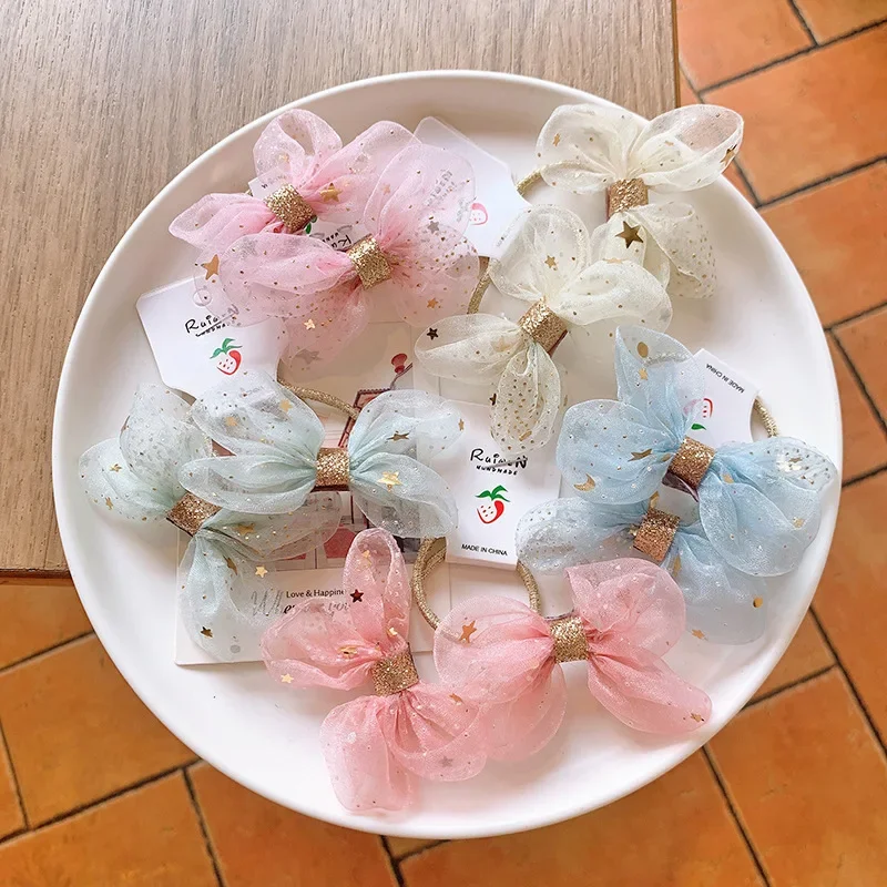 2pcs/pair Candy Color Korean Cute Bows Shiny Star Girls Elastic Hair Bands Lace Rope Pink Hair Accessories for Children Kids