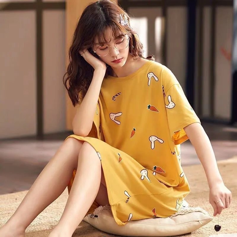 Women Sleeping Dress Korean Short Sleeve Nightgown Summer Plus Size Ladies Sleepwear Lounge Cartoon Print Pajamas Cute