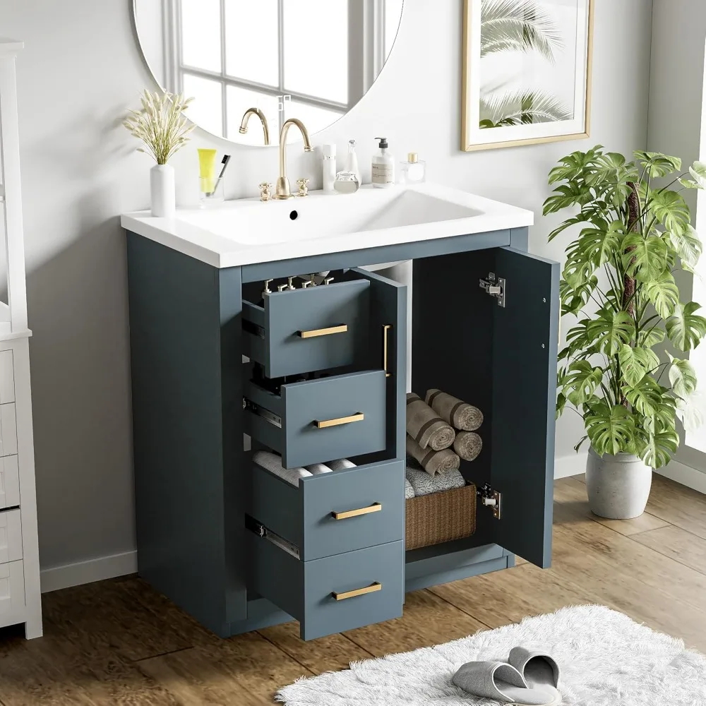 Herringbone Single Sink Bathroom Vanity, 30" Modern Bathroom Vanity Storage Cabinet with 3 Drawers and 2 Doors, Solid Wood Frame 3