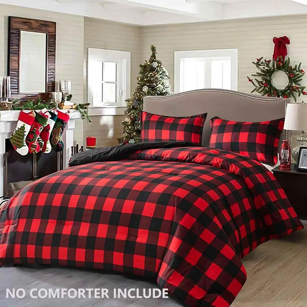 Reversible Microfiber Duvet Cover Set - Red & Black Buffalo Check Plaid, 3-Piece Modern Bedding for Christmas & New Year, 90x90 description