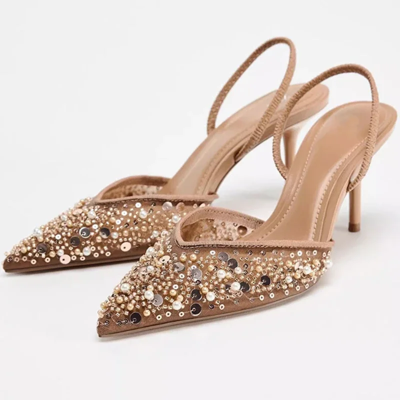 Women Mesh String Bead High Heels Sandals Bling Sexy Pointy Toe Mules Slippers Luxury Designer Slingbacks Dress Shoe Pumps