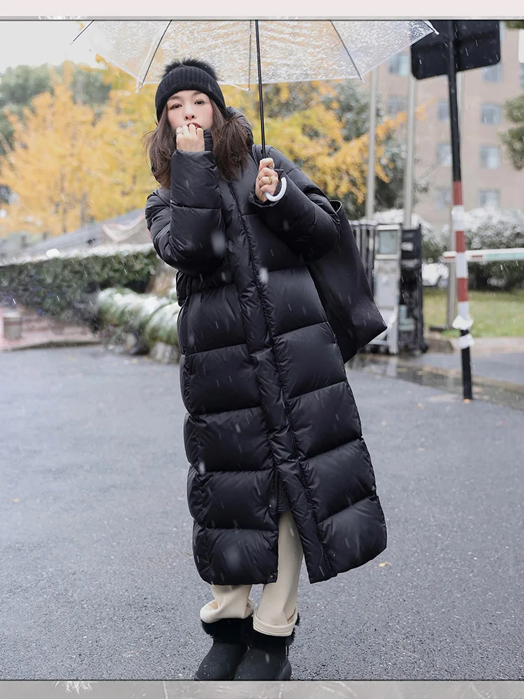 

Women's Winter Long Down Jacket Puffer Hooded Zipper 7XL Size Black White Down Coat