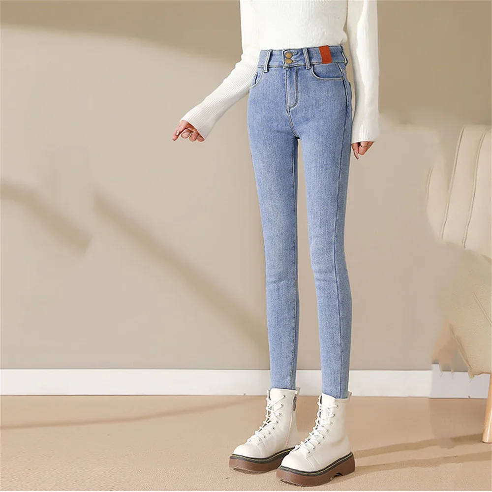 2024 Mid Waist Warm Jeans For Women Blue Female Winter Denim Pants Jean Female Ankle length Warm Pants women jeans Appear thin