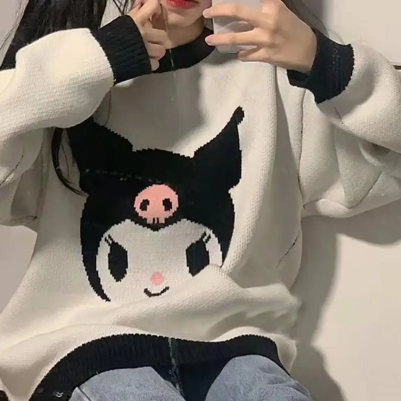 

Свитер Sanrio Kuromi Kawaii Аниме пуловер с круглым вырезом свободный крой удобный теплый мягкий трикотажный жакет милый подарок на праздник