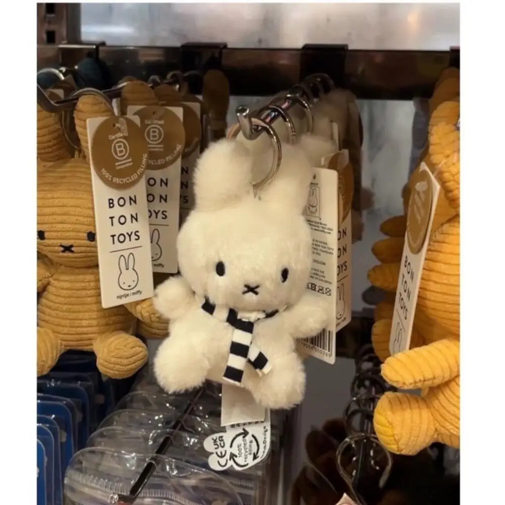 Miffy Black and White Striped Scarf Plush Doll Keychain Cartoon Cute Miffy Rabbit Plush Pendant Keychains Bag Accessories Gifts