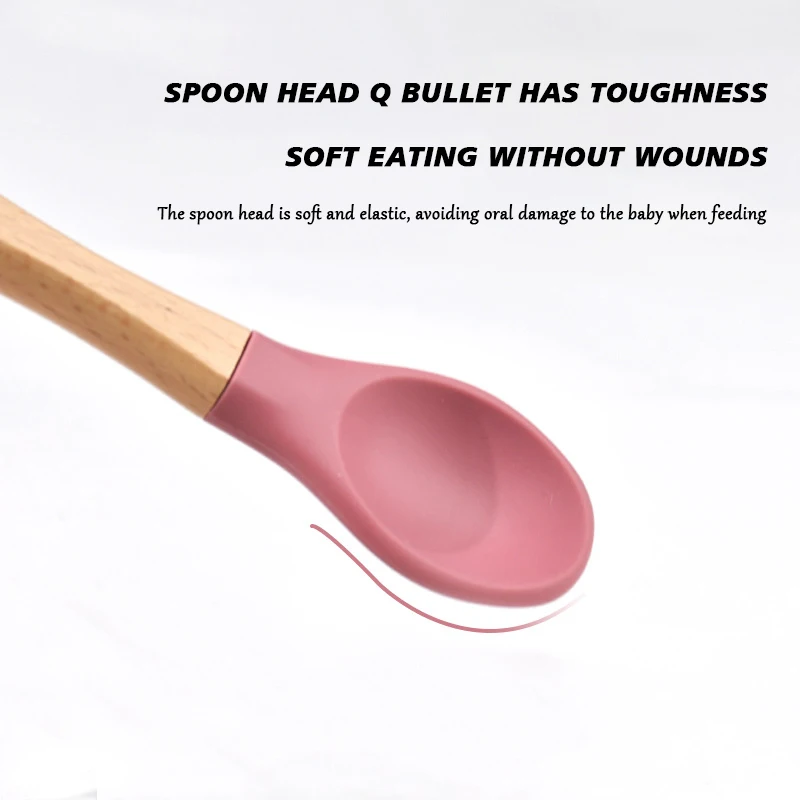 Food Grade Silicone Baby Utensils Wooden Handle Fork&Spoon For Children Eating Training Spoon For Complementary Food Tableware