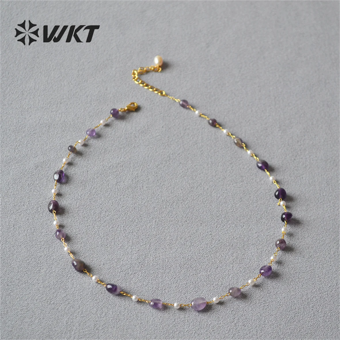 WT-N1419 Lucky handmade 16inch long choker necklace Natural Amethyst stone beads rosary chain necklace INS Hot necklace