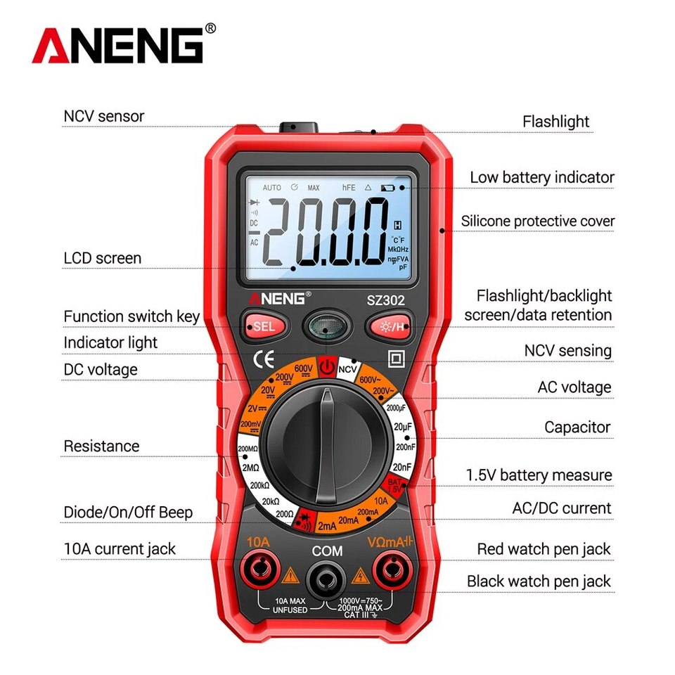 ANENG SZ302 Tools LCD Digital AC/DC Votage Current Votage Diode Freguency Multimeter Multitester Automatic Capacitance Tools