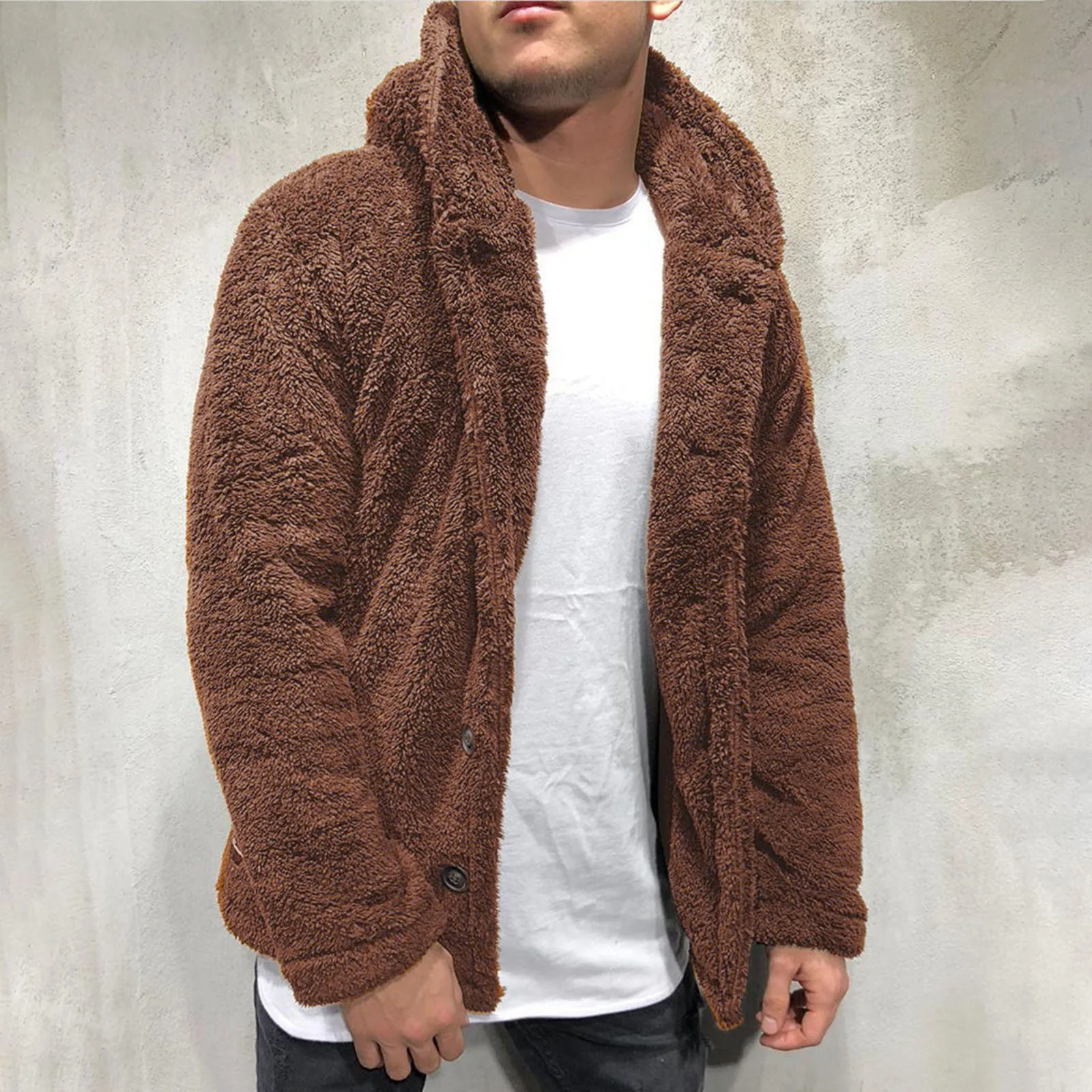 

Men Fleece Hoodie Coats Autumn Winter Fluffy Fleece Thick Warm Coat Jacket Button Long Sleeve Loose Solid Warm Sweatshirts Coat