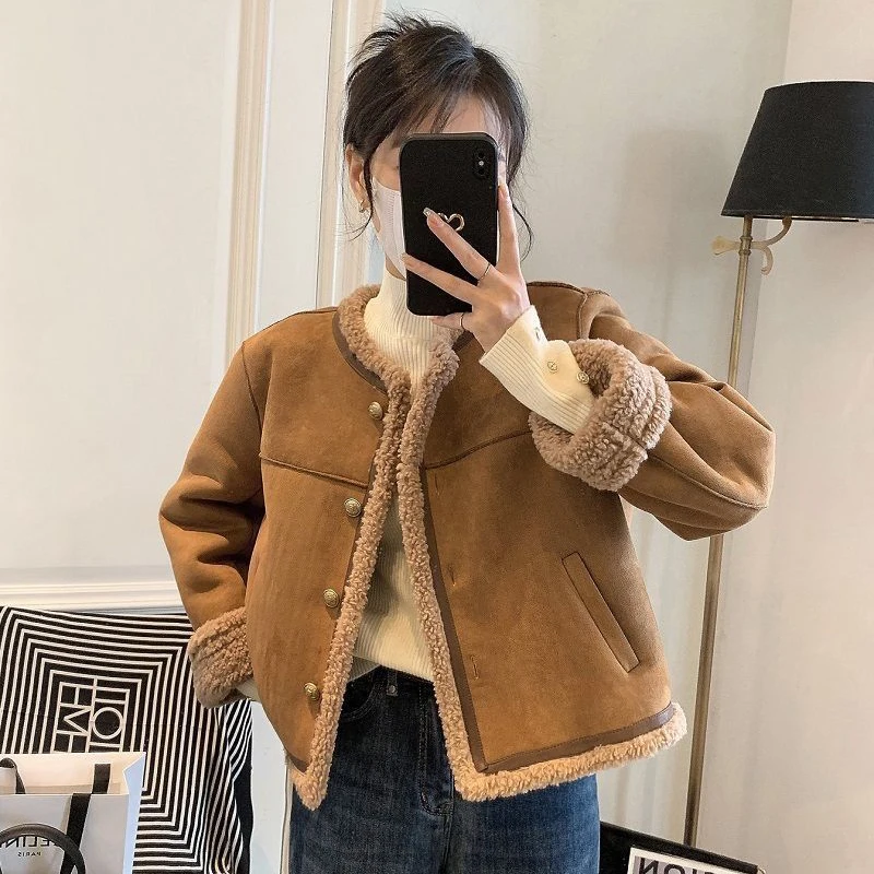 

Winter Warm Faux Lamb Jacket Women Y2K Fashion Splicing Thick Long Sleeve Coats Female Korean Loose Streetwear Plush Outerwear