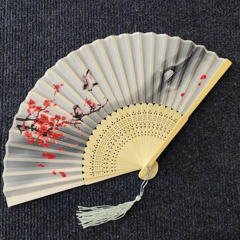 Chinese Vintage Cloth Fans Handheld Wooden Handle Art Flower Patterns Folding Flower Fan Classical Dance Party Performance Tool folding fan hand fan wooden hand fan