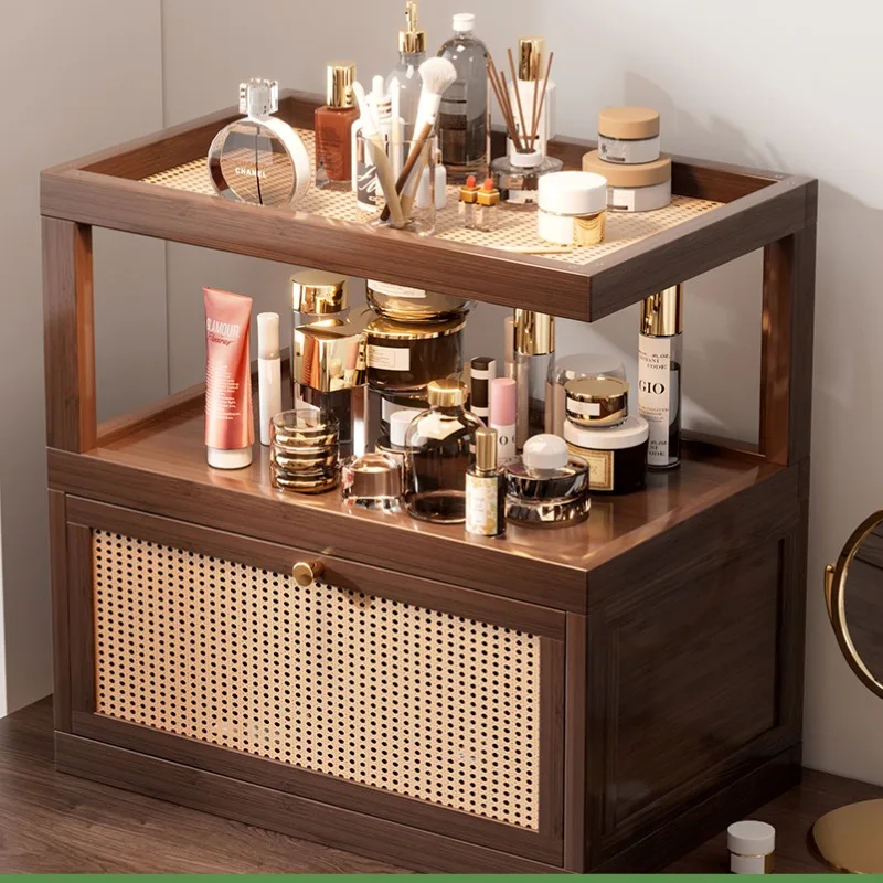 Bamboo Double Layer Side Table Multifunctional Storage Cabinet for Living Room Kitchen Bedroom Compact Makeup Organizer Rack