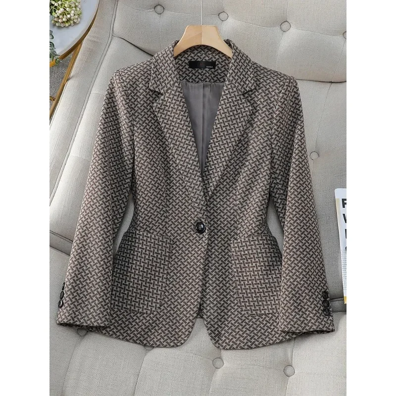 

Fashion Coffee Blue Black Striped Ladies Casual Blazer Women Long Sleeve Single Button Female Autumn Winter Jacket With Pocket