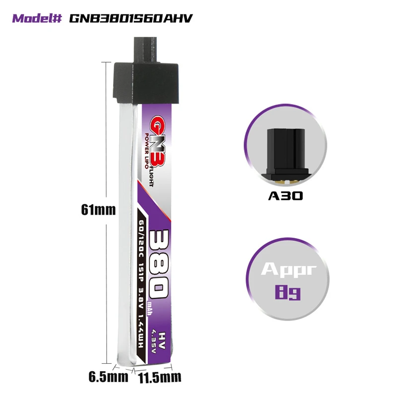 GNB 1S 3.8V 380mAh 60C Lipo Battery Cabled A30 BT2.0 High Current Discharge Connector For FPV RC Tiny Whoop Drone 3.8v Battery 5