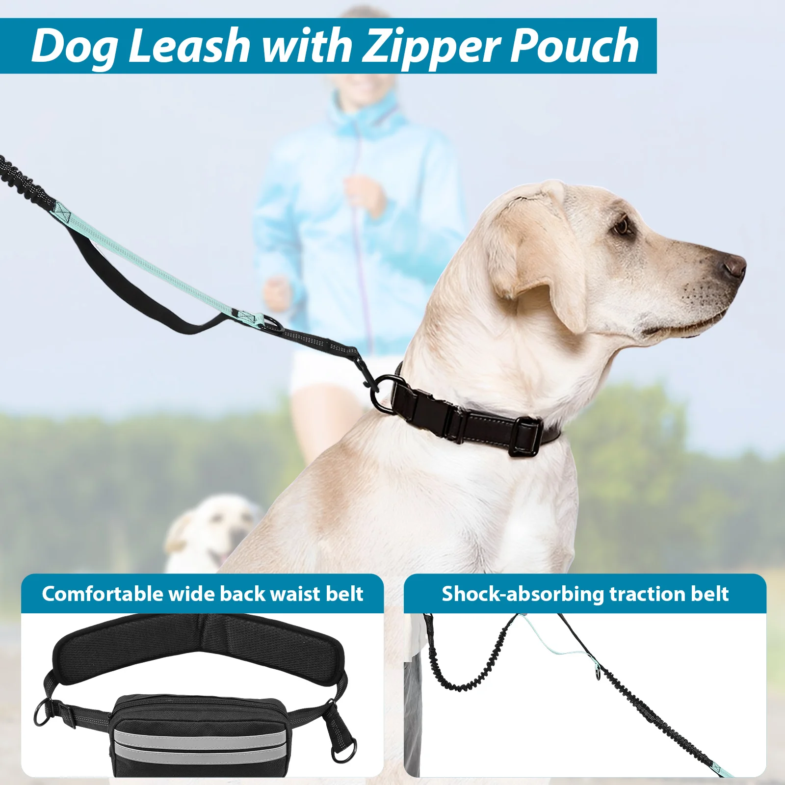 Hands Free Dog Leash Adjustable Reflective Waist Running Double Leash with Pouch Retractable Dog Running Leash Pet Supplies