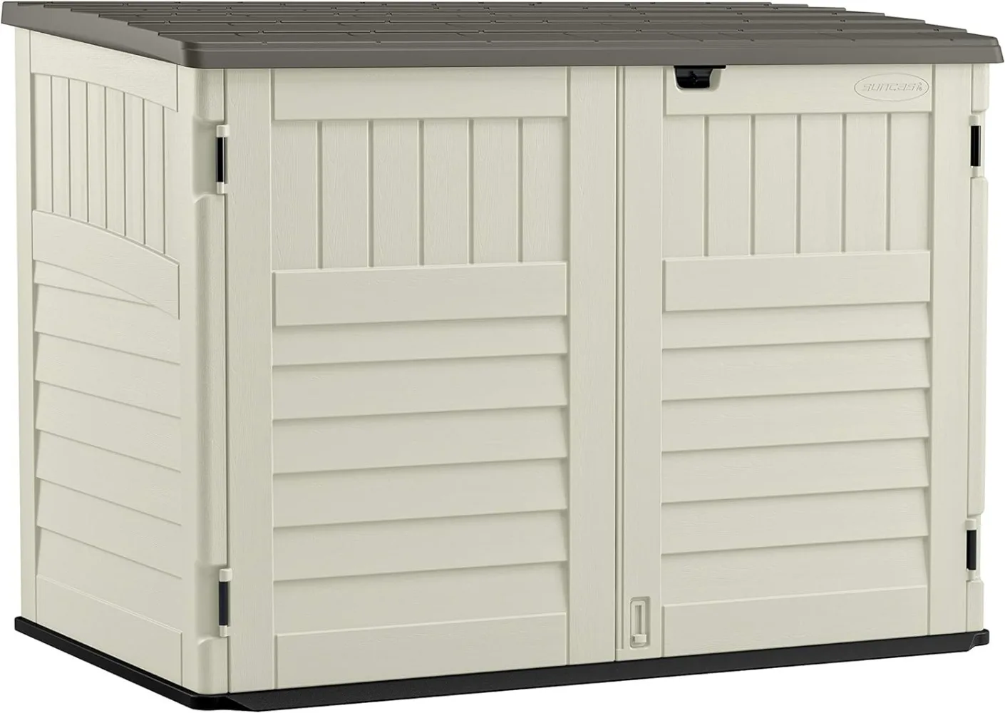 

5.9 Ft. X 3.7 Ft Horizontal Stow-Away Storage Shed Natural Wood-like Outdoor Storage for Trash Cans Yard Tools All-Weather Resin