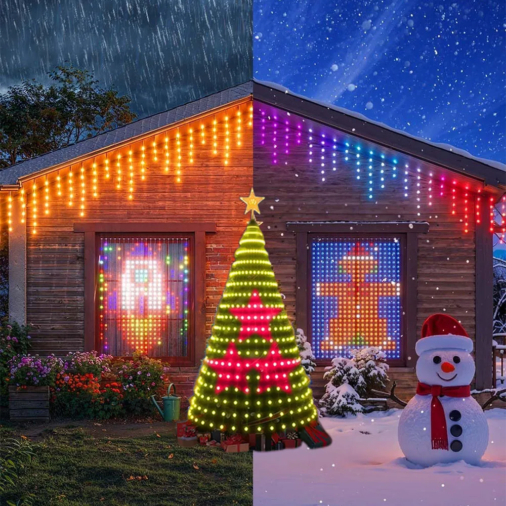 Smart Christmas Tree Lights, DIY Color Changing Waterfall Xmas Tree Lights with Ring & Top-Star, RGB-IC Dynamic String Light