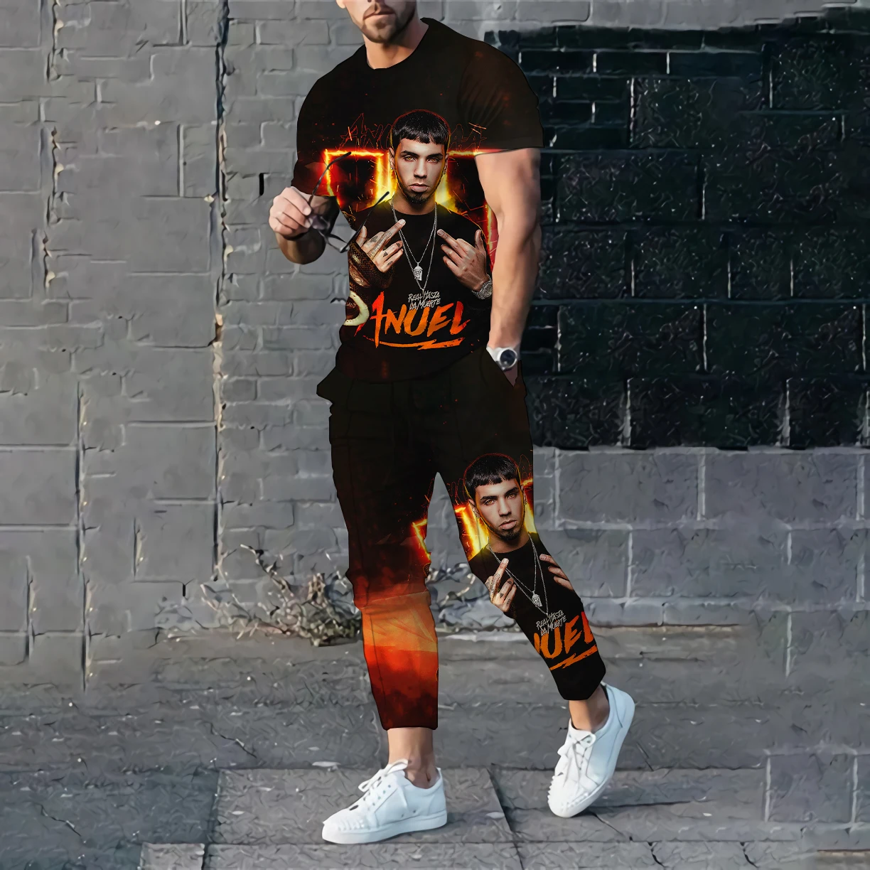 Men T-shirt Pants Tracksuit Rapper Anuel AA 3D Print T Shirts Trousers Sets 2 Pieces Summer Streetwear Oversized Suit Sportswear 2