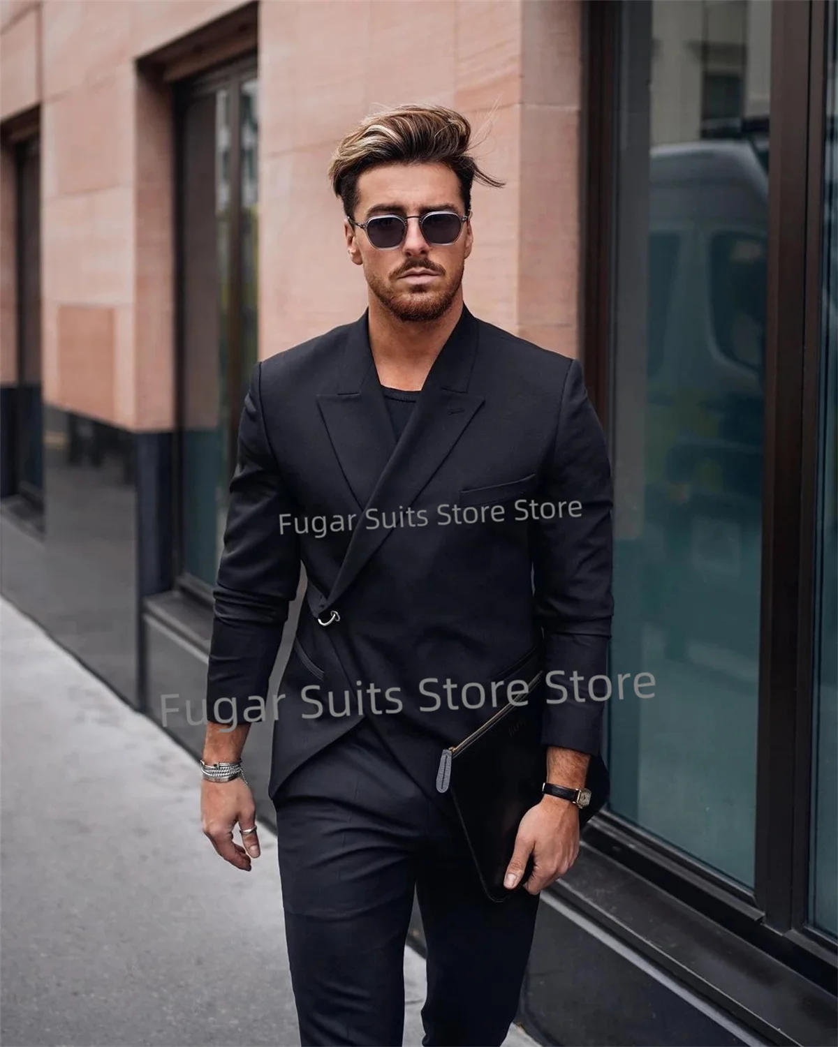 Luxuly New Streetwear Black Suits For Men Slim Fit Peak Lapel Groom Tuxedos 2 Pieces Sets Business Male Blazer Costume Homme