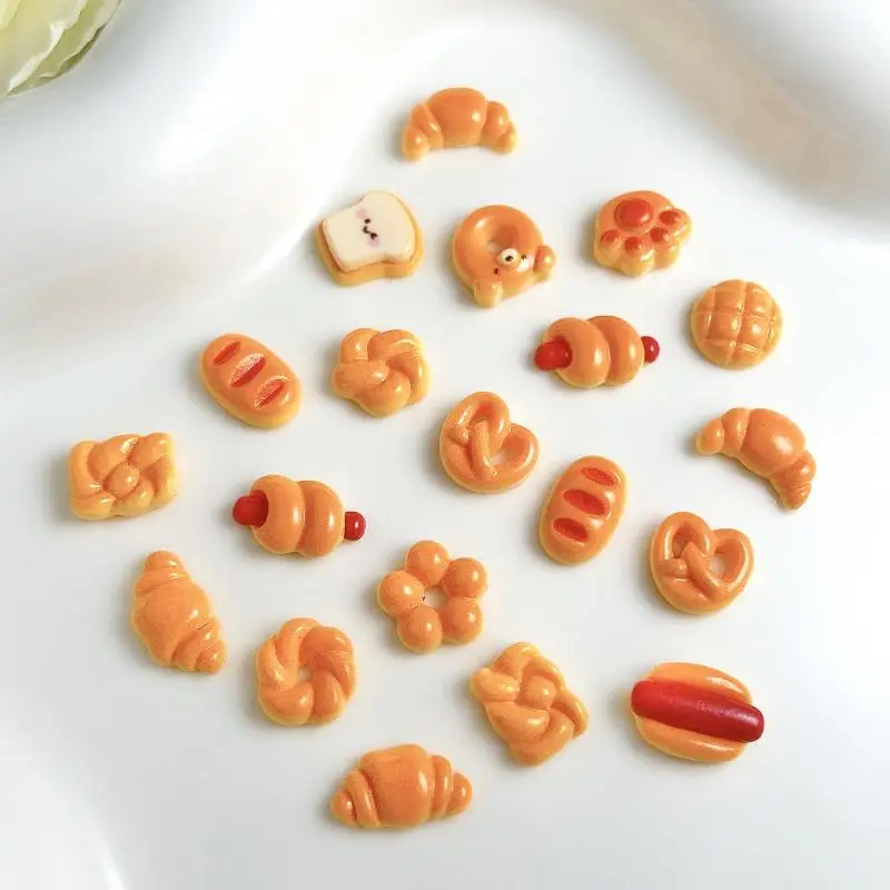 30PCS Cute Creative Sausage Bread Nail Art Decorations Simulated Smiley Toast Cat Paw Bread Dessert Series Nail Charms DIY Nails 6