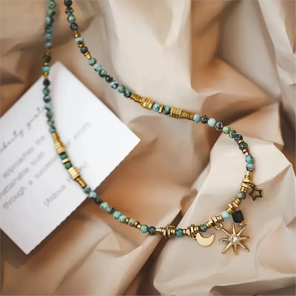Vintage Elegant Natural Stone Beads Pendant Necklace for Women New Fashion Moon&Star Pendants Chain Party Jewelry Gifts