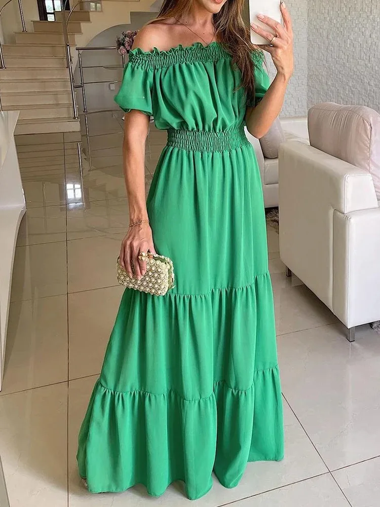 

Women Off Shoulder Ruffles Dress for Summer Slash Neck Short Sleeve Dress 2024 Holiday New Long Maxi Dress for Women Elegant