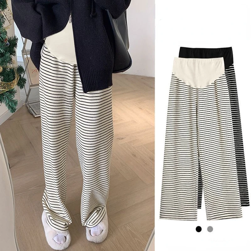 Maternity Striped Wide-legged Pants Fall Winter 2023 New Outside Wear Padded Thickened Drape Bottoming Pants Maternity Clothes 2