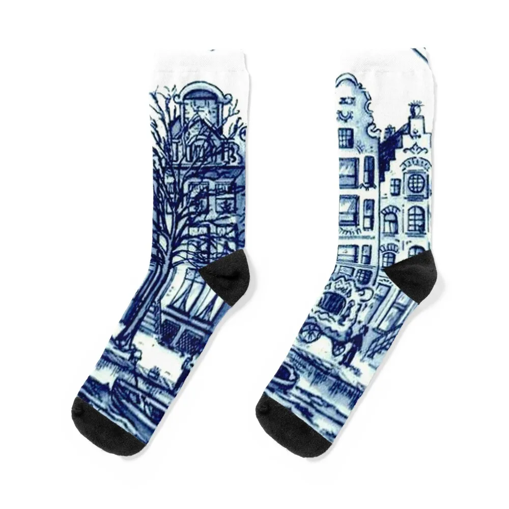 

DUTCH BLUE DELFT : Vintage Boats in Canal Amsterdam Print Socks Antiskid soccer man Boy Socks Women's