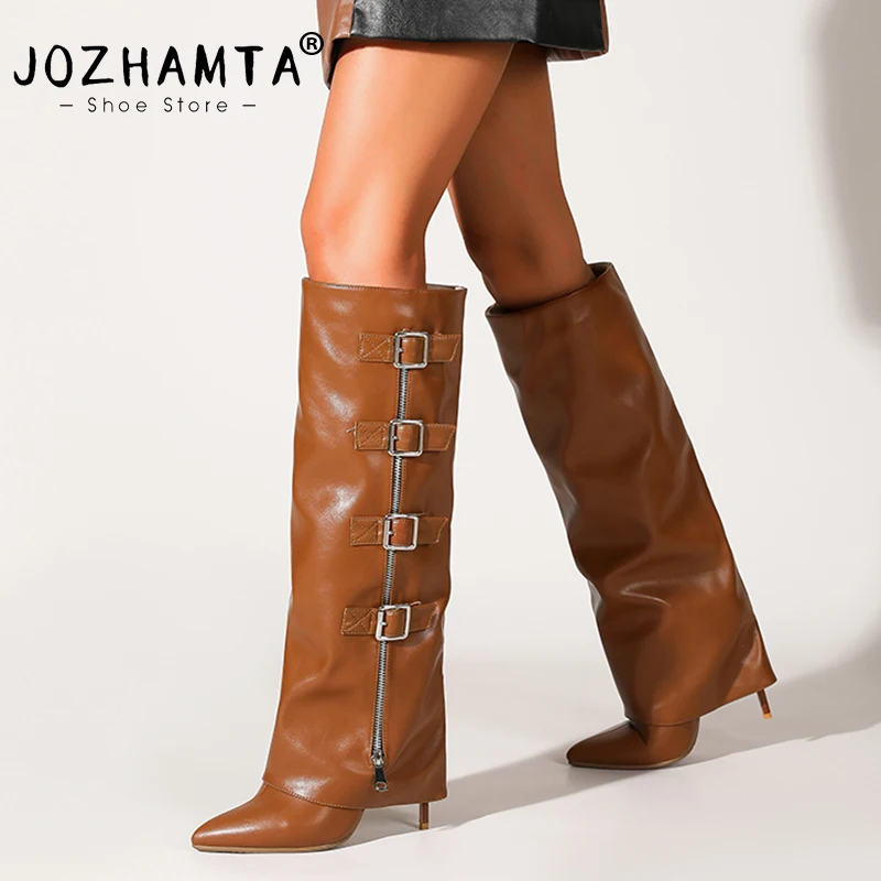 

JOZHAMTA Size 35-43 Women Knee Boots Soft Leather Buckle Strap Fold Over Boots High Heels Shoes Winter Wide Calf Long Tall Boots