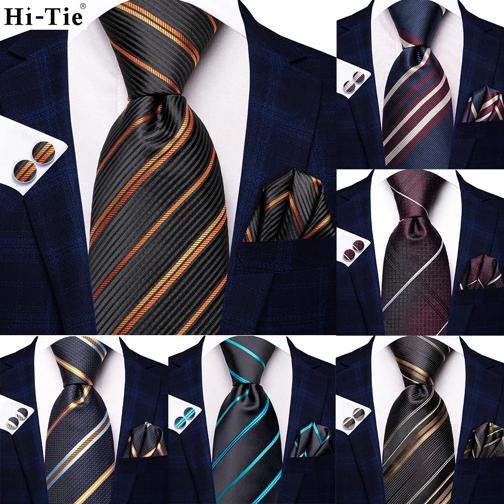 

Hi-Tie 2023 New Black Orange Striped Designer Gift Tie for Men Fashion Brand Wedding Party Necktie Handky Cufflinks Dropship