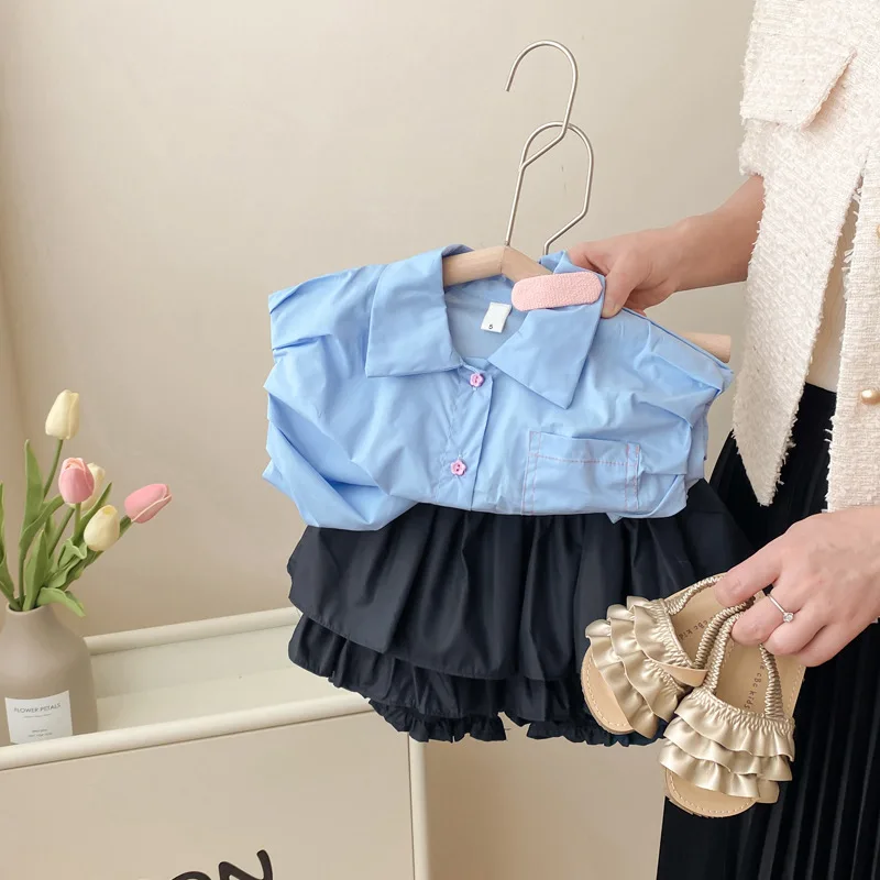 Girls' French Style Two-Piece Summer Clothes Western Style Suit in Blue Puff Sleeve Shirt+Bud-Shaped Pants Hot Summer Clothes-XM