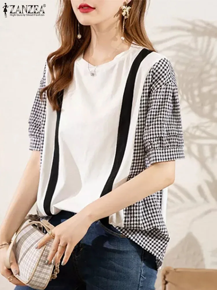 

ZANZEA Women Vintage Checked Blouse Summer Plaid Shirt Short Sleeve Blusas Vintage Loose Patchwork Tops Oversize Chemise Mujer