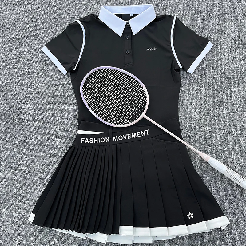 Golf Women's Autumn New Short Sleeved Top, Quick Drying and Slimming Fashion, High-quality Short Skirt, Outdoor Leisure Sports