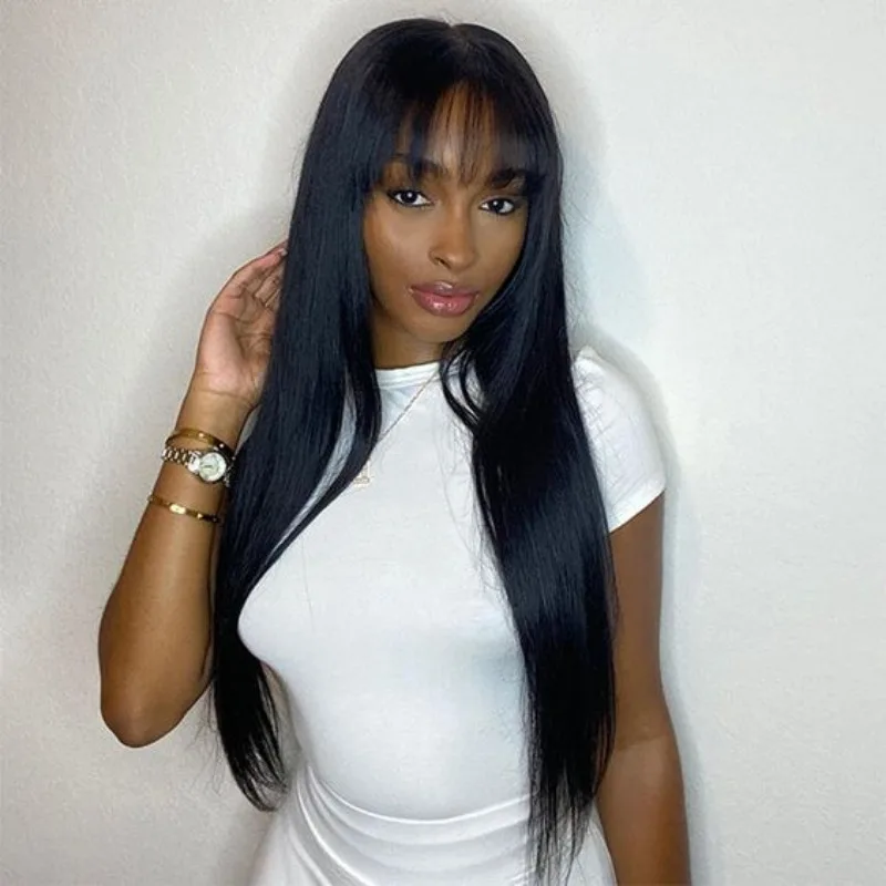 

Wiggogo 3X1 Middle Part Lace Wig Straight Human Hair Wig With Bangs 100% Human Hair Glueless Wig Human Hair Ready To Wear And Go