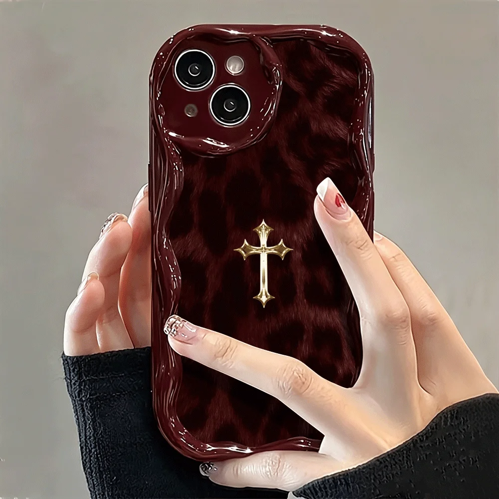 Shockproof Soft Cream Wavy Leopard Fur Metallic Cross Phone Case