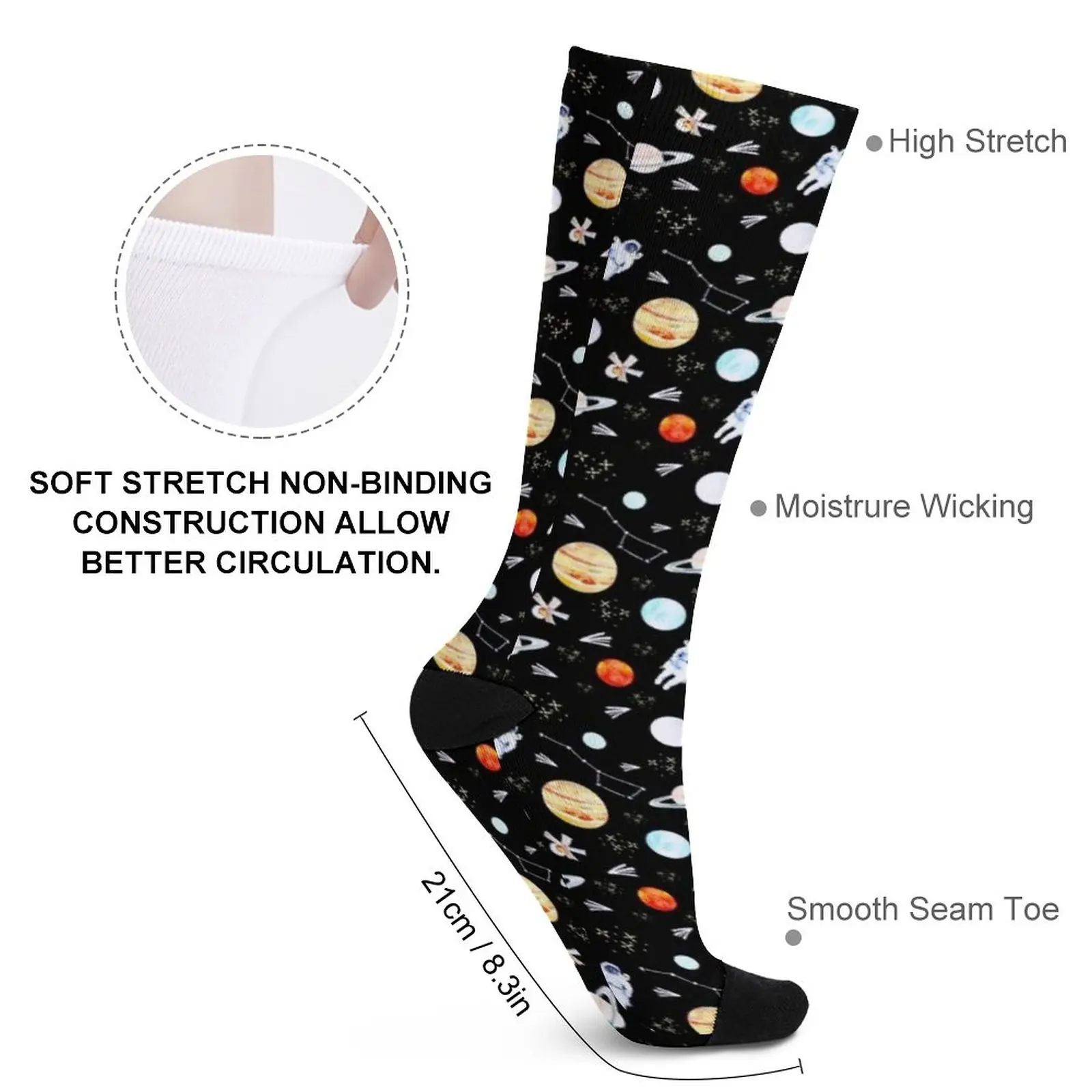 Outer Space Adventure Pattern - Black Socks Stockings compression Cartoon characters socks non-slip soccer stockings hip hop