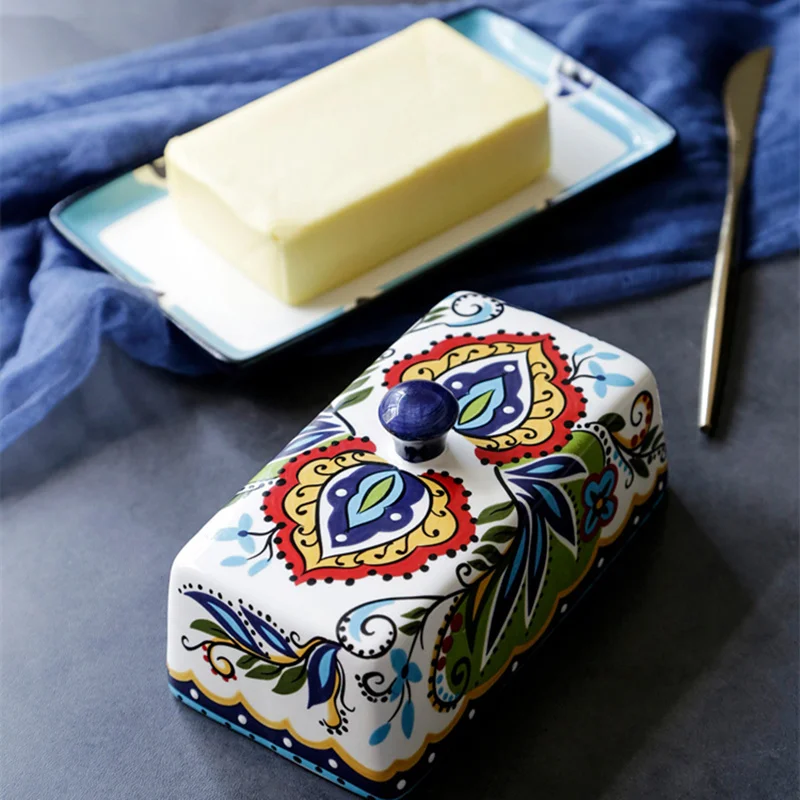 Nodic Style Hand-Painted Ceramic Butter Dish With Lid For Countertop And Refrigerator Door Shelf-Butter Keeper Holder