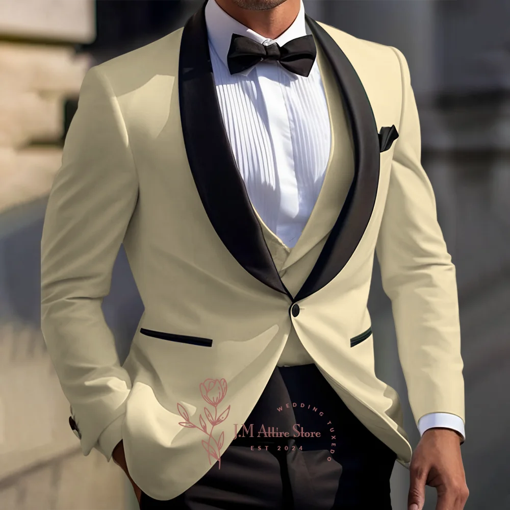 Men's white 3-piece suit jacket vest pants black satin shawl lapel blazer tuxedo for wedding birthday dance Xmas party