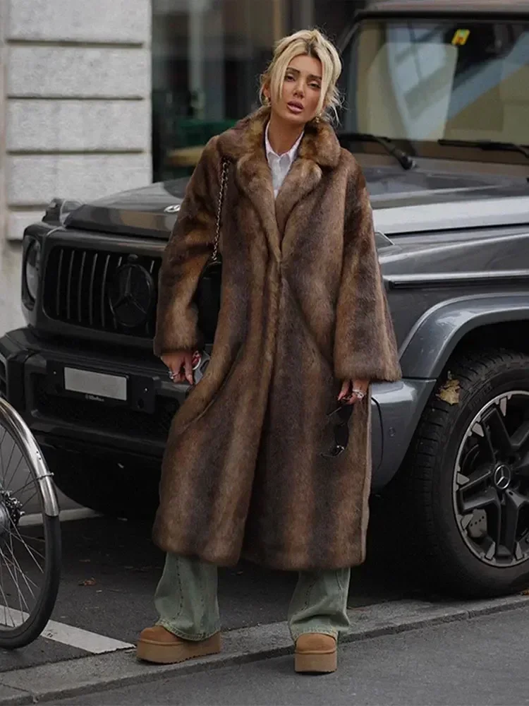 Women's Warm  Faux Fur Long Overcoat Single Breasted Fleece Long Trench Coat Winter Lady Fluffy Plush New Thicken Outerwear 3
