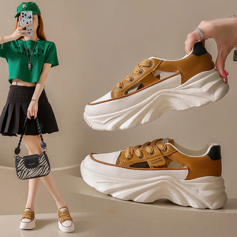 

2023 Summer New Women's Shoes Korean Version Hollow Sports Shoes Students Thick Sole Breathable All-match Female Casual Sneakers