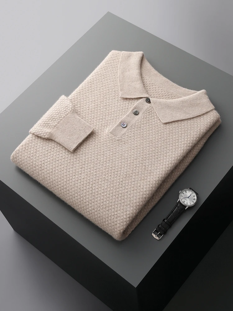High-end 100% Goat Cashmere Sweater Men's POLO Collar Pullovers Autumn Winter New Long Sleeve Shirt Fashion Knitted Men's Jacket 2