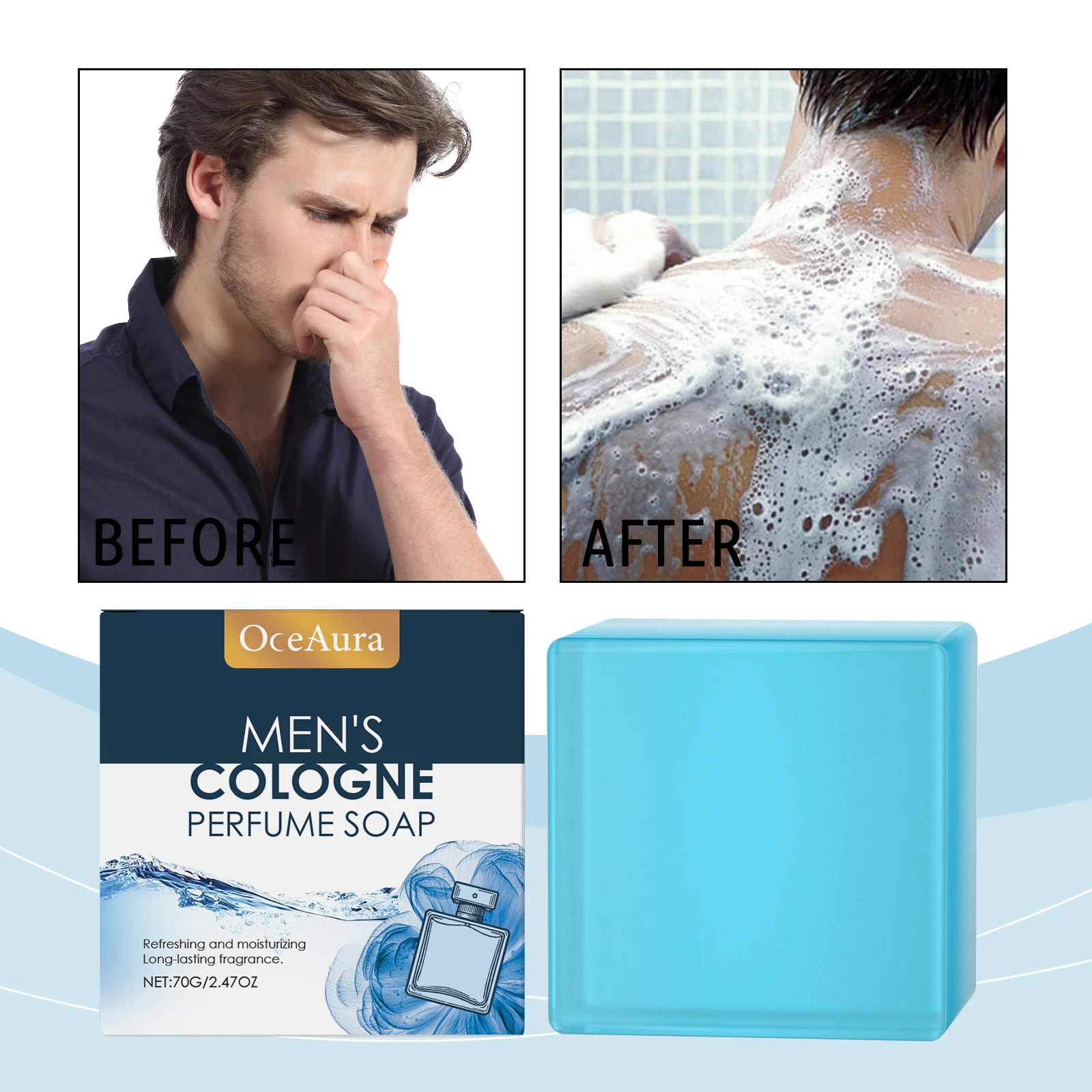 OceAura Men's Perfume Bath Soap Gentle Cleansing Body Skin Refreshing Non-oily Comfort Care Soap Cool Texture 70g