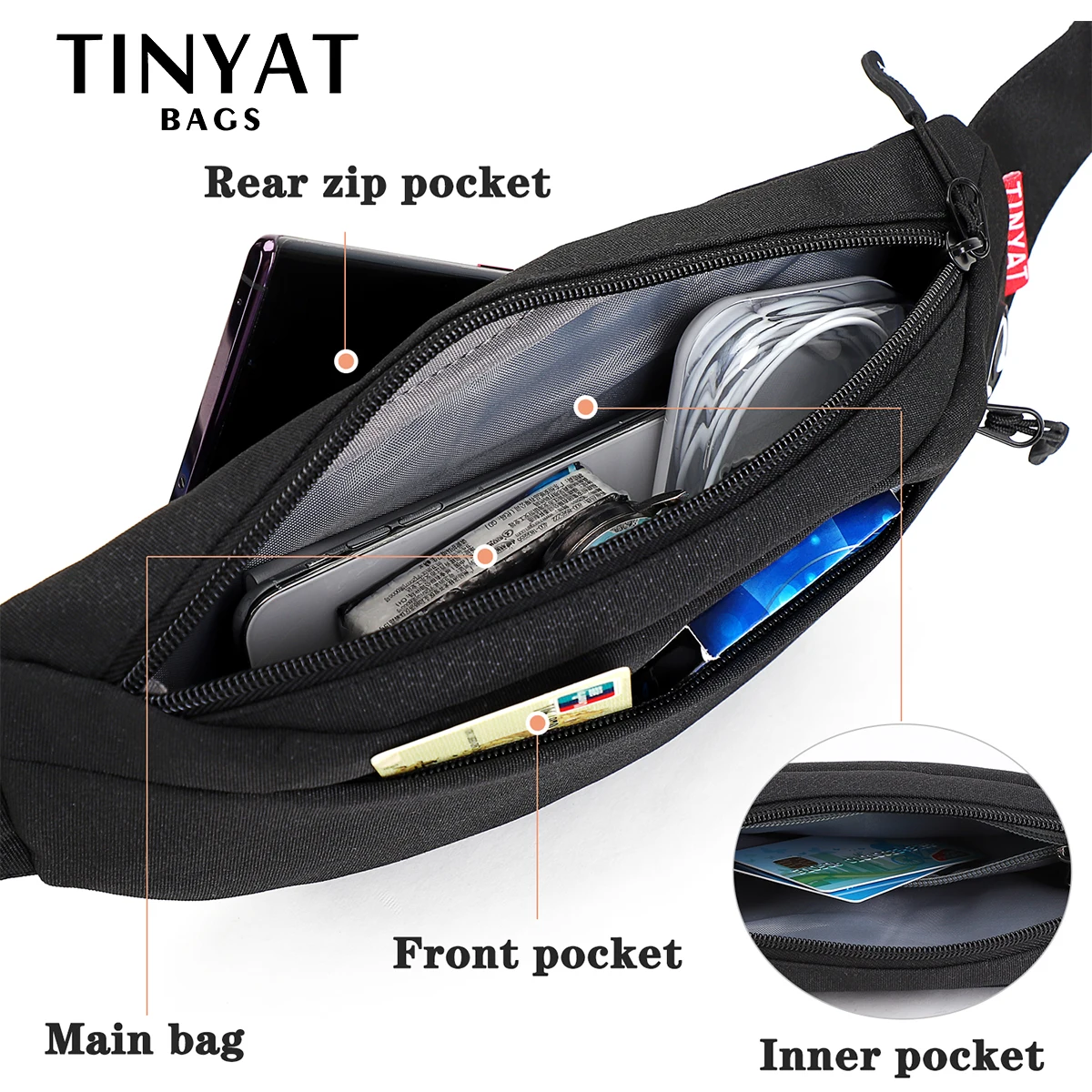 TINYAT-Bolsa de cintura para homens e mulheres, bolsa de lona Fanny Banana, bolsa de viagem para telefone casual Fanny Pack, cinto de telefone grande, 4 bolsos