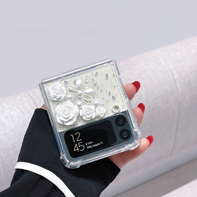 

Прозрачный чехол для Samsung Galaxy ZFlip3, стереоскопический черный и белый цветочный чехол для Z Flip 3 Samsung F7110