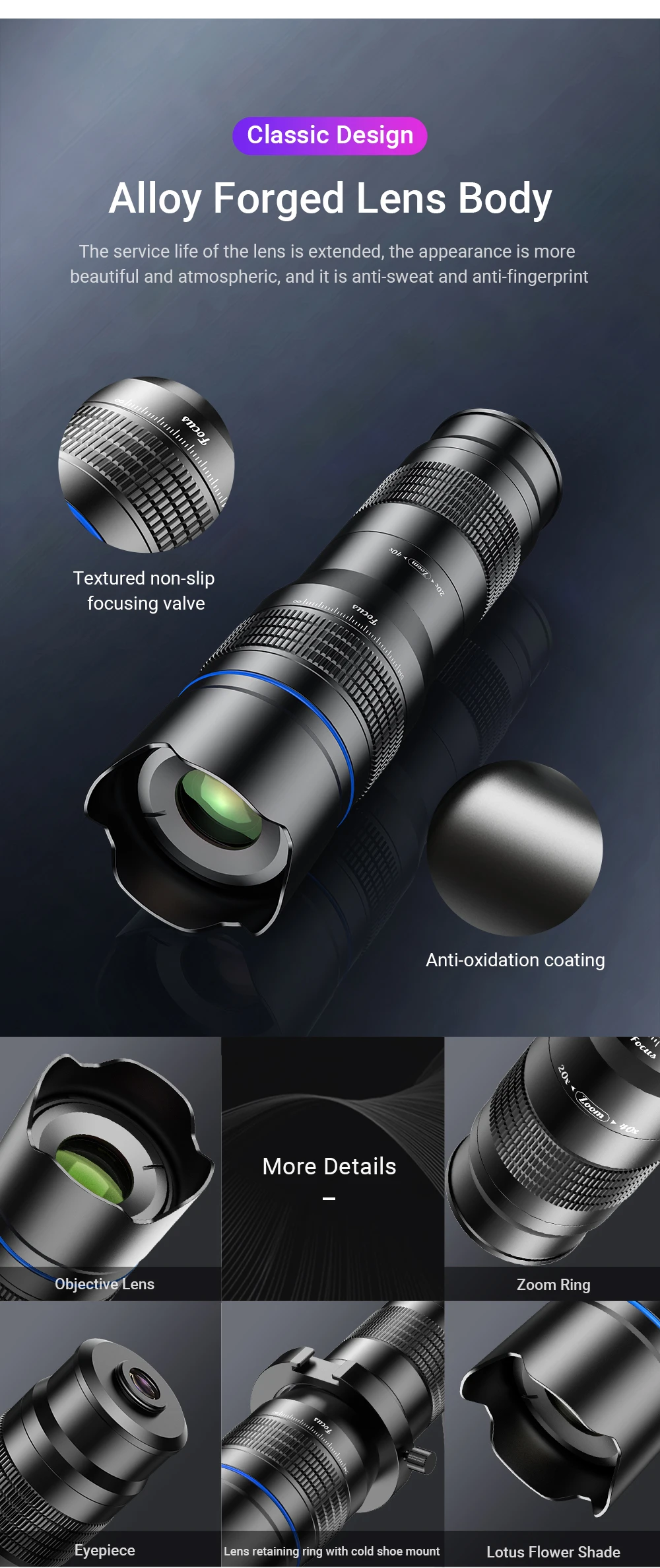 HD Metal 20-40x Zoom Telescope Telephoto Lens Phone Camera Lens With Extendable