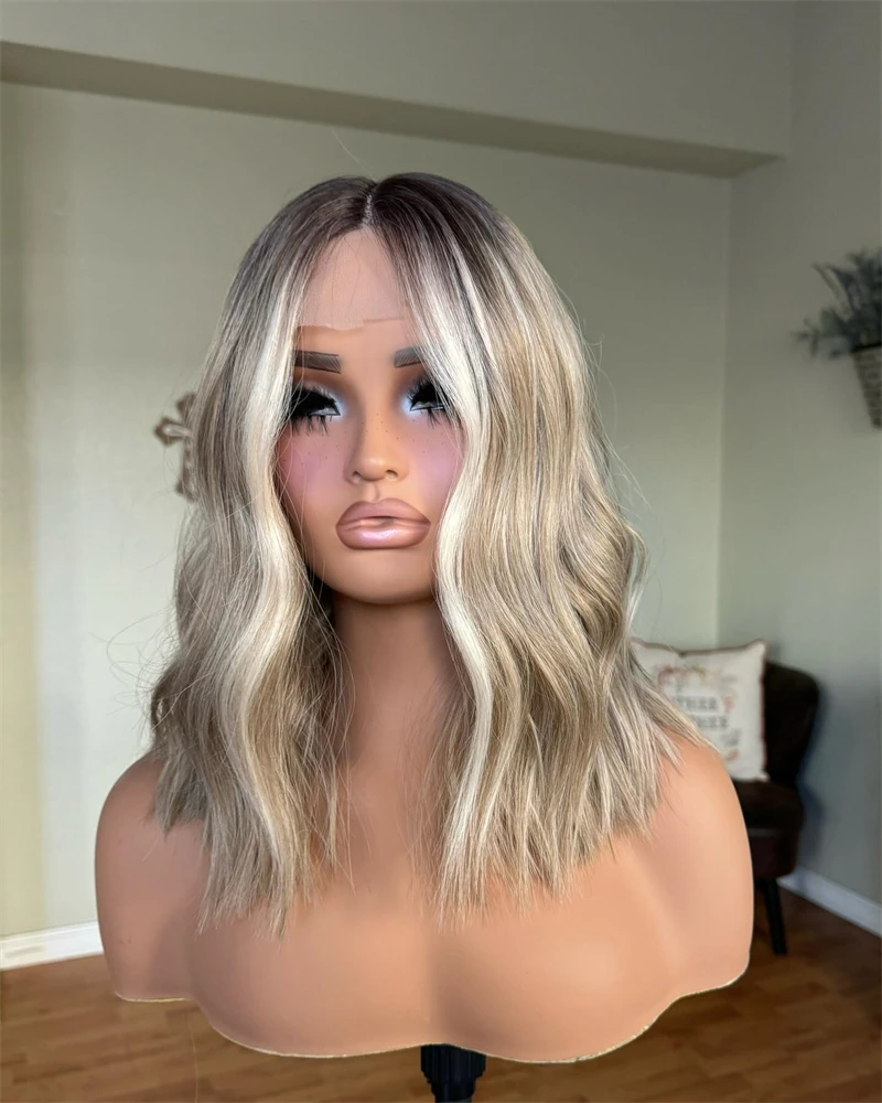 Mixed Ash Grey Blonde Lace Wig Natural Soft HD Synthetic mixed Human Hair Wigs Wavy Lace Frontal Wigs Glueless High Density