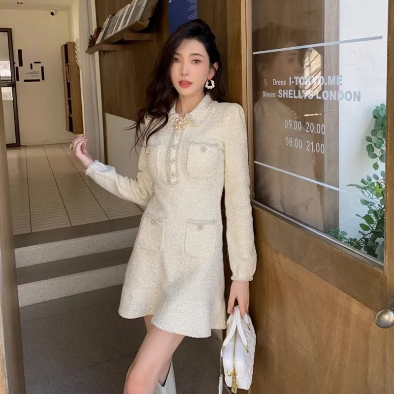 Elegant Short Dress European Style Tweed Lapel Beading Button Long Sleeve Fashion Dresses For Women 2025 Spring Summer 9896