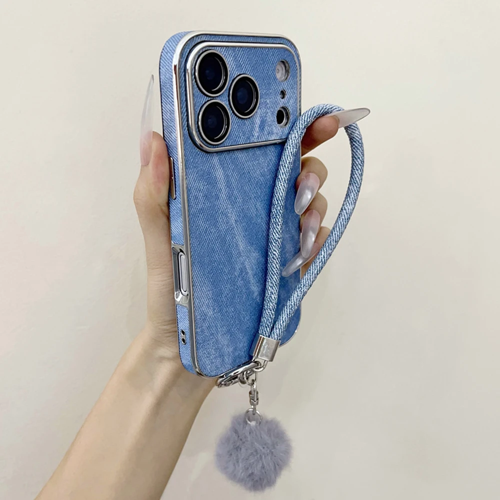 Luxury Jeans Denim Phone Case with Lanyard Wrist Strap and Matte Back Cover